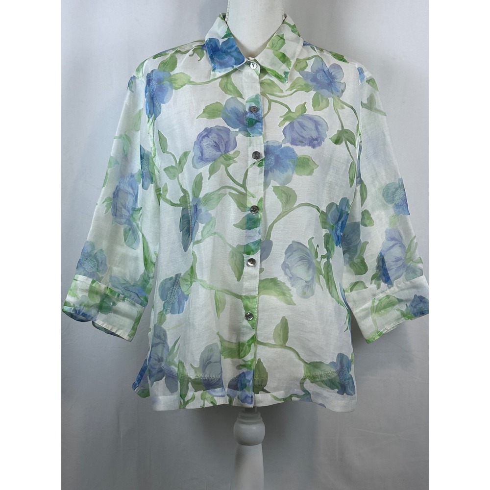 West End Button Up Blouse Womens White Blue Floral Excellent 3/4 Sleeve Linen L